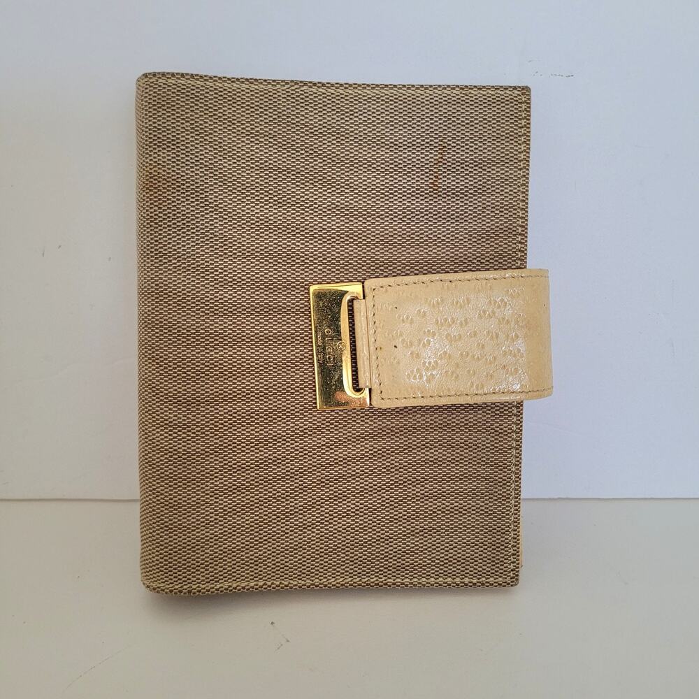 Vintage Gucci Monogram Canvas Leather Ring Agenda Planner Pen Case Italy